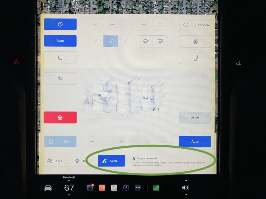 screen to activate camp mode in tesla