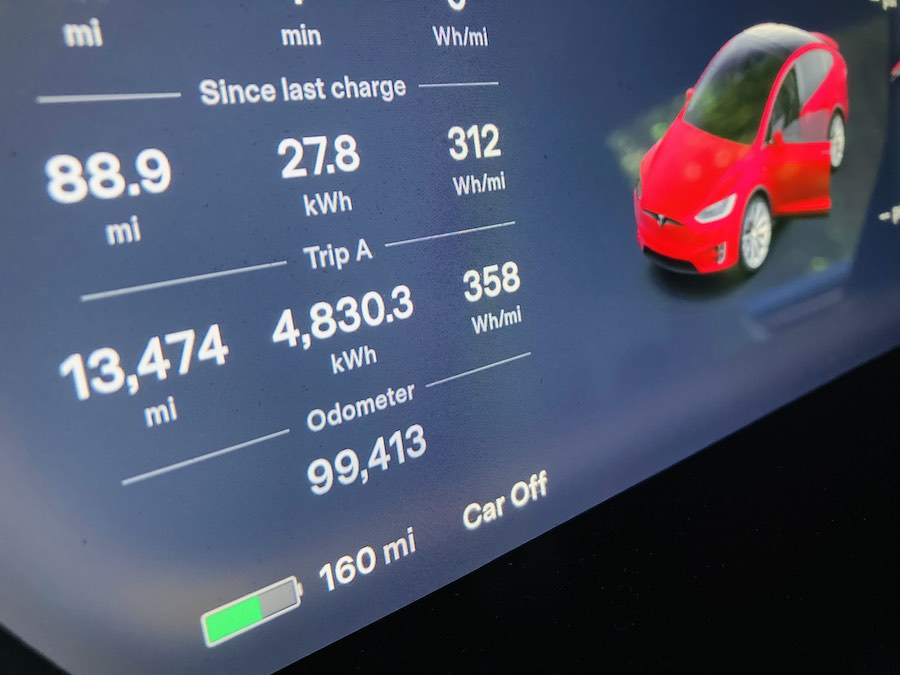 Tesla dashboard with 160 miles range left
