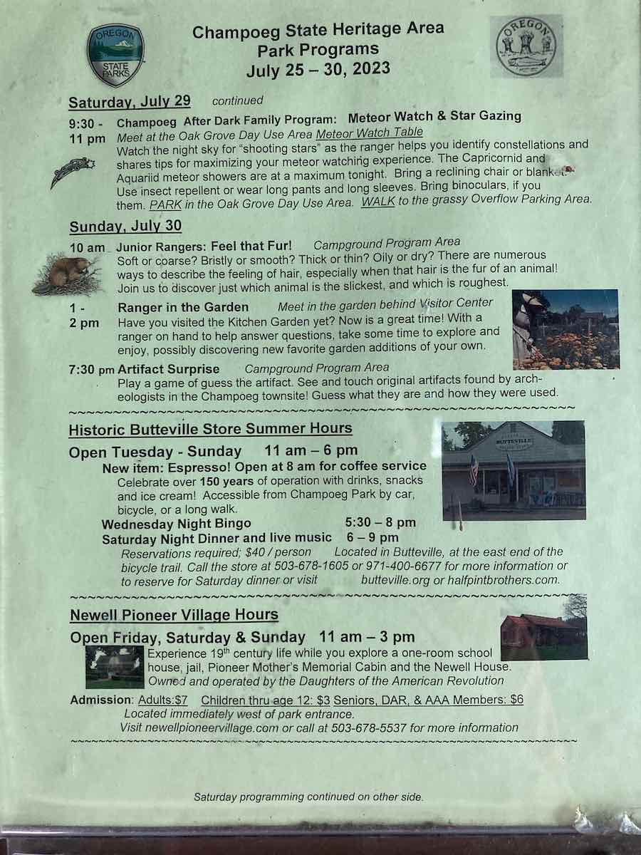 Champoeg Heritage Area ranger and activities program for July 2023