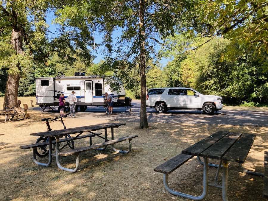 picnic tables and parking at group RV site