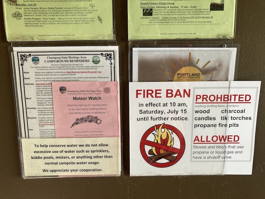 notices for fire ban and activities at Champoeg summer 2023