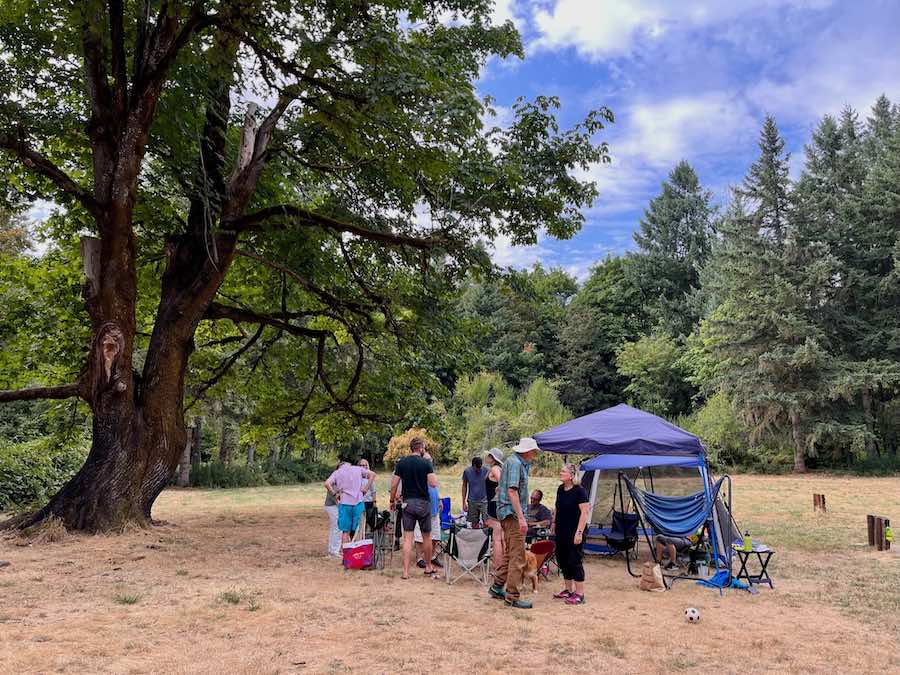 Champoeg group site open field surrounded by trees, people gathered at pop up tent