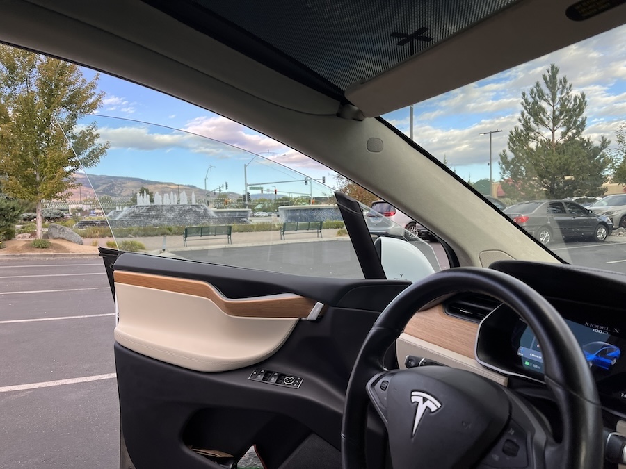 Tesla steering wheel with view to parking lot and trees